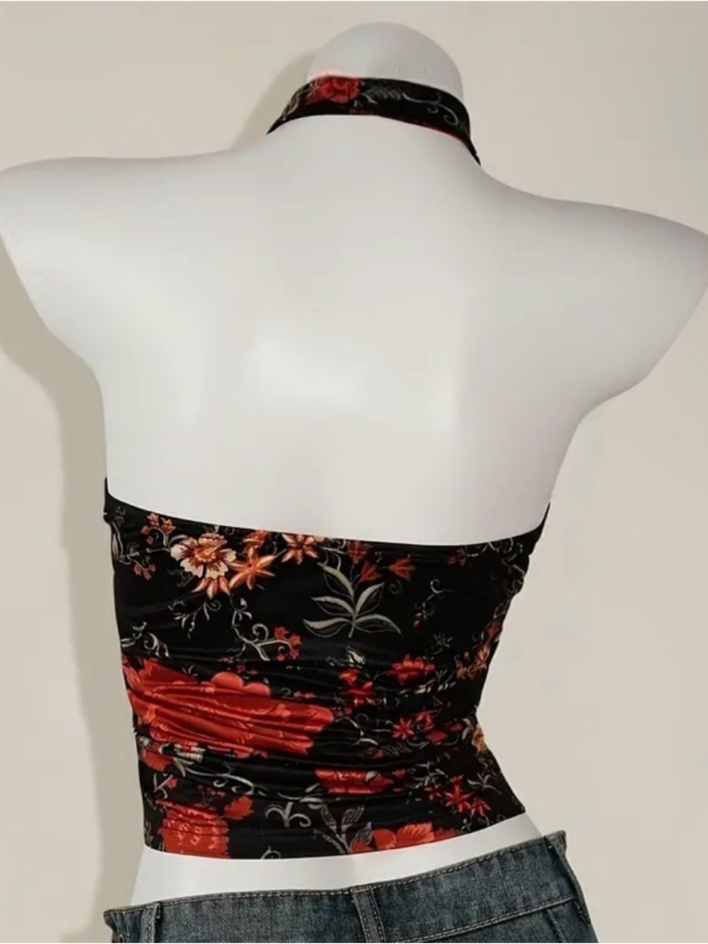 Women's Black Halter Tank Top with Red Floral Print - Picture 2 of 6